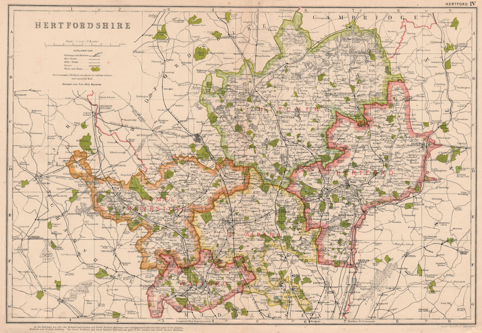 HERTFORDSHIRE. Showing Parliamentary divisions, boroughs & parks. BACON 1927 map